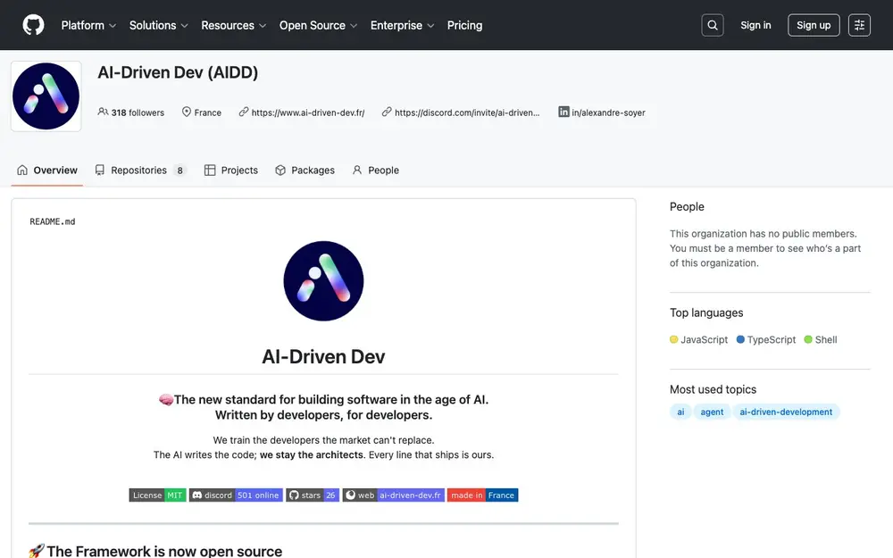 Page GitHub publique du framework AI-Driven Dev